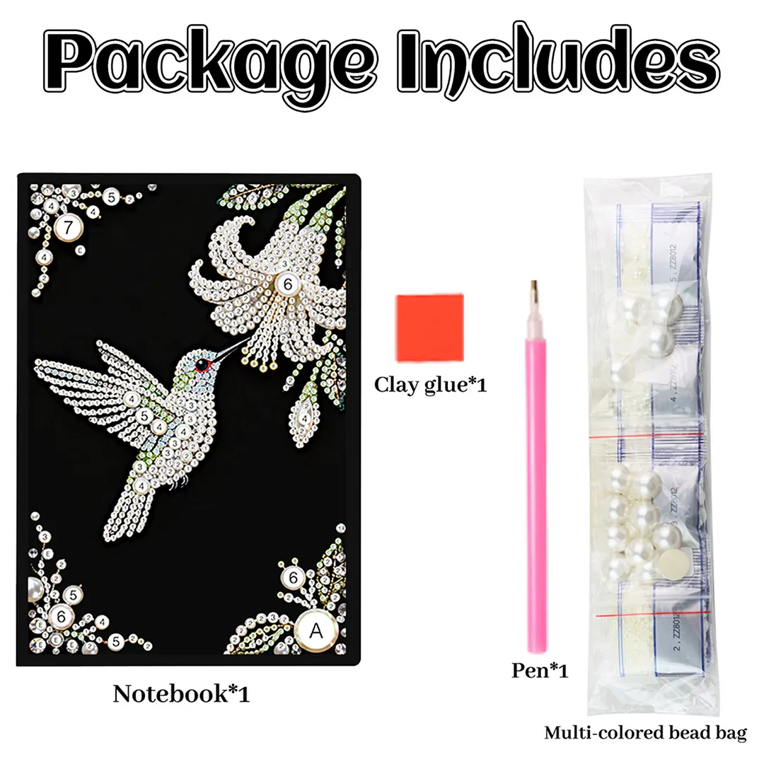 Flowers and Hummingbirds Partial Pearl DIY 50 Pages A5 Diamond Painting Notebook Special Shaped Diamond Art Diary Book Kits Wireless Strip 5D Crystal Art Paintings Sketchbook for Art Drawing