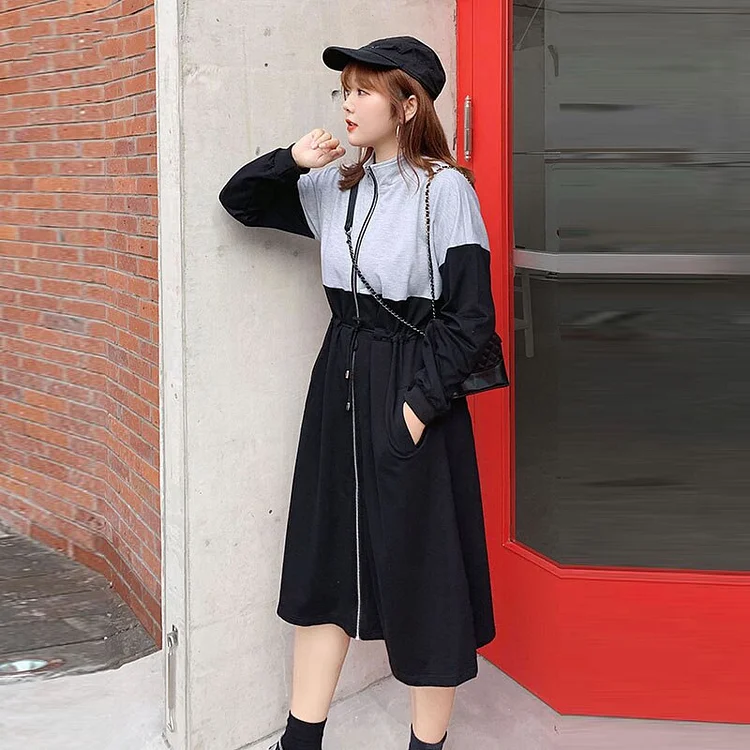 Stylish Loose Stand Collar Patchwork Lacing Waist Long Sleeve Zip-up Dress