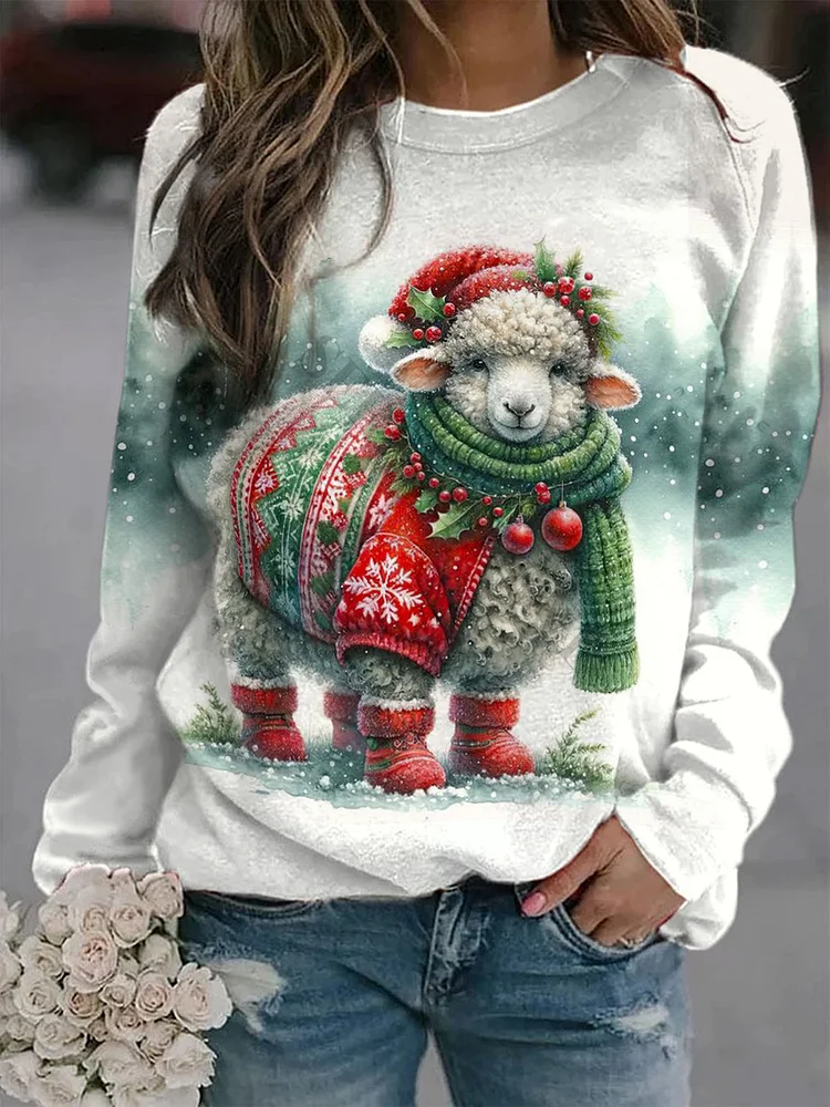 Women's Cute Christmas Sheep Art Print Casual Sweatshirt
