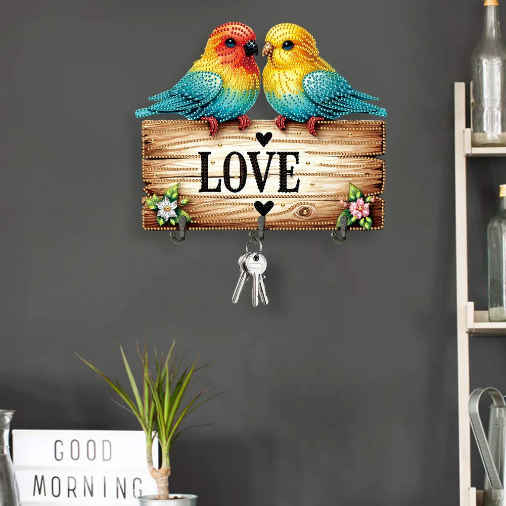 5D DIY Love Bird 3 Hooks Special Shape Diamond Painting Wooden Hook Rail for Wall
