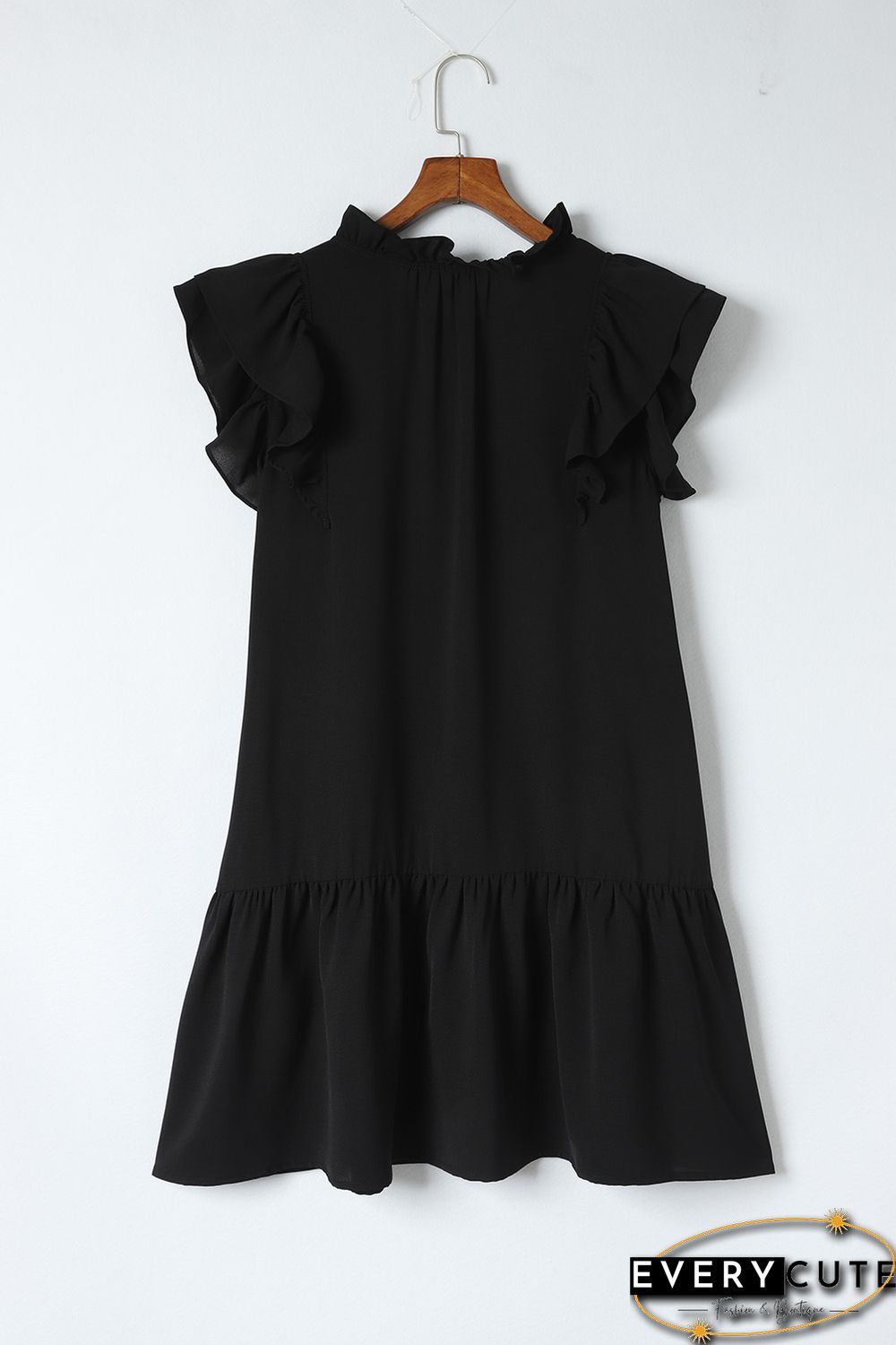 Black Floral Embroidered Ruffle Sleeve Shift Dress