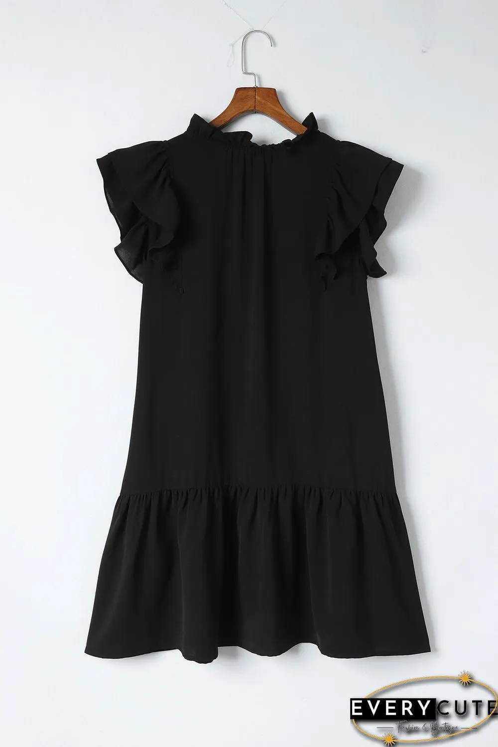 Black Floral Embroidered Ruffle Sleeve Shift Dress