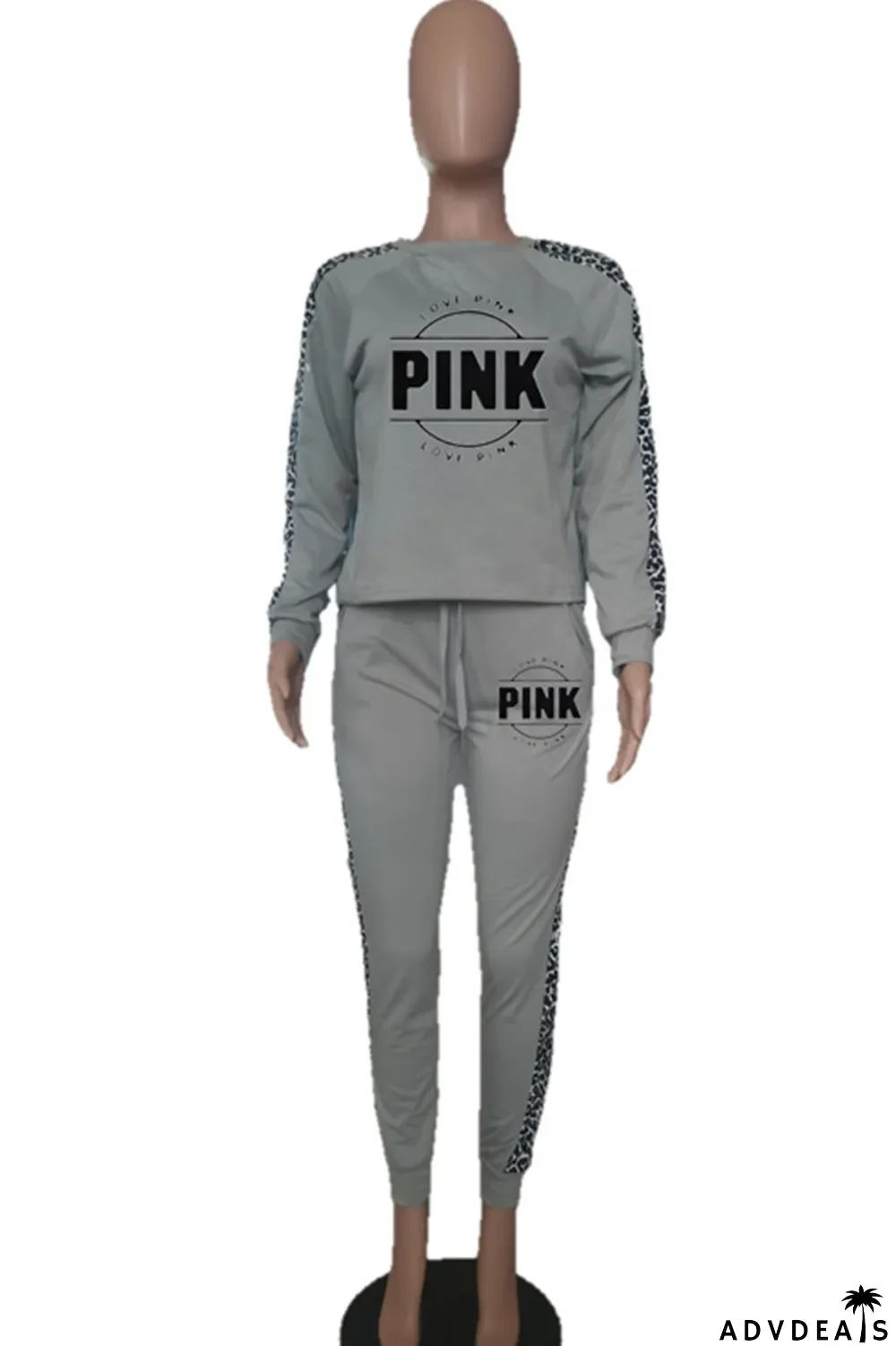 Grey Casual Print Patchwork O Neck Long Sleeve Two Pieces