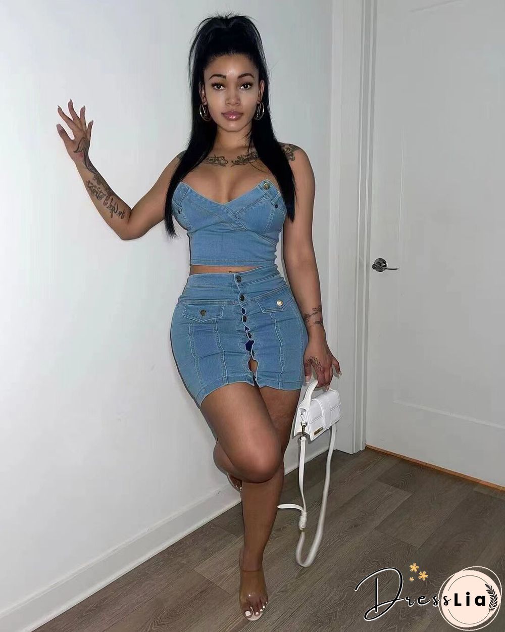 Denim Strapless Crop Top Mini Skirts Two Piece Set