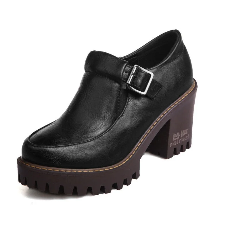 Gdgydh New 2021 Spring Platform Women Shoes On Heels British Style Single Shoes Round Toe Square Heels Ladies Pumps Large Size