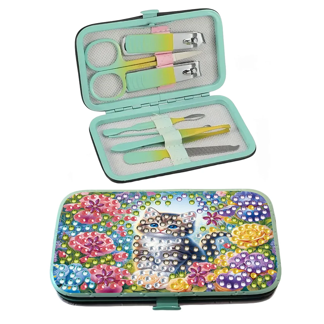 Cat Flower Diamond Painting Nail Art Bag Set Includes 7 Professional Tools