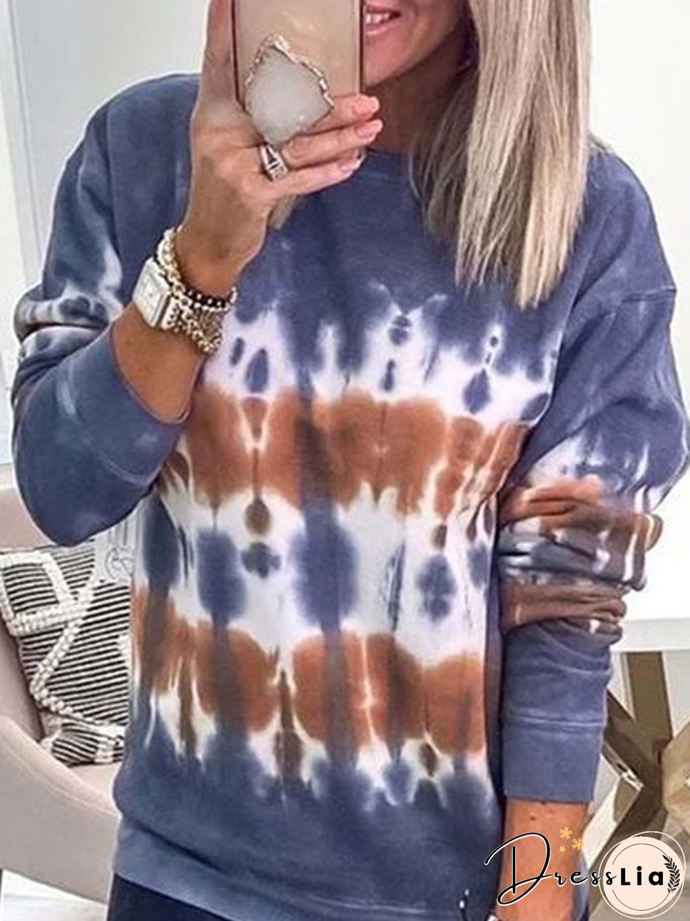 Women Casual Autumn Tie-Dye Pattern Daily Loose Crew Neck Regular H-Line Regular Sweatshirts