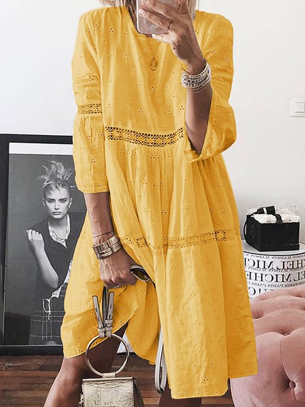 Loose Solid Color Hollow Round-Neck 3/4 Sleeves Midi Dress