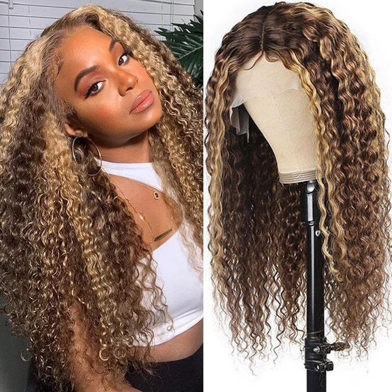 Bling Hair Honey Blonde Highlight Pre Plucked 13x4 / T Part / 4x4 Lace Wigs Ombre Color Long Curly Human Hair Wigs