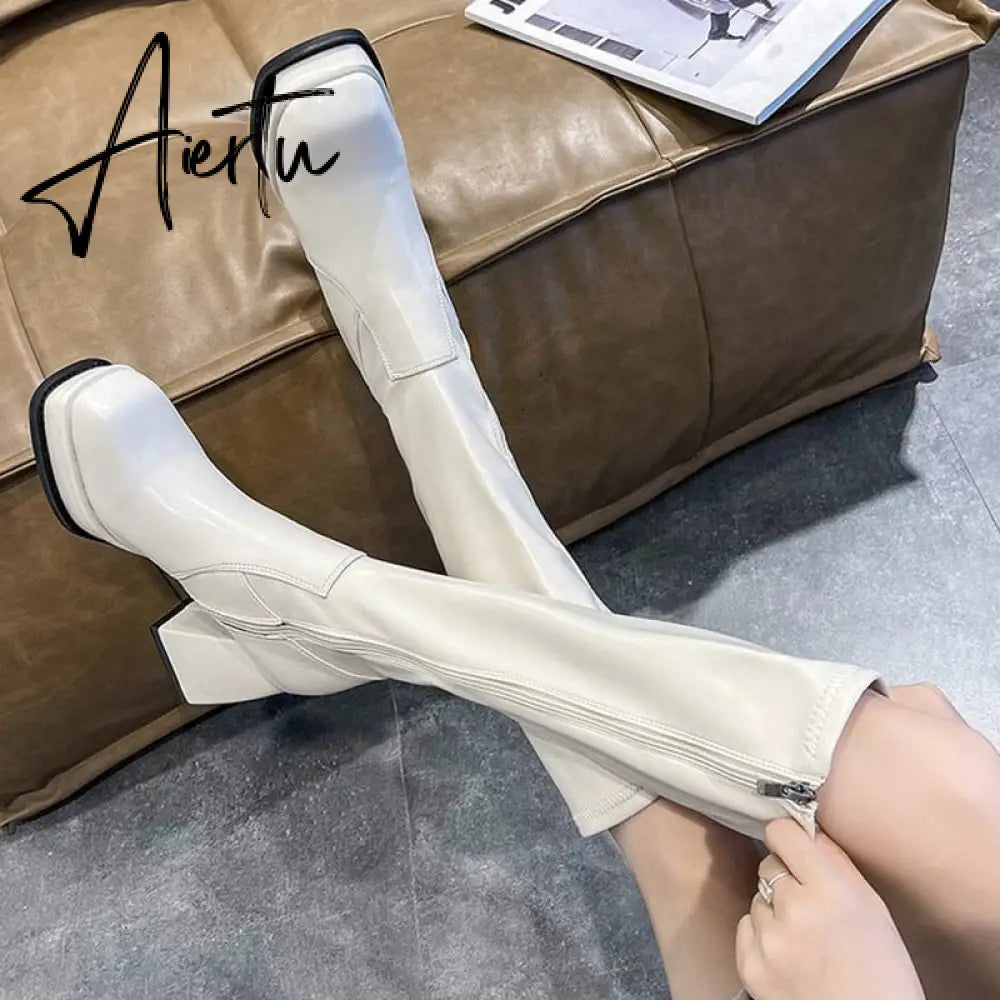 Aiertu Fashion Female Super High Heels Long Boots PU Leather Zipper Shoes New Autumn Women Pumps Ladies Knee High Motorcycle Boots Aiertu