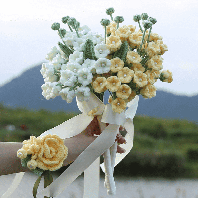 Lulusnow Handmade White Yellow Pearl Lily Of The Valley Flower Bell Orchid Crochet Flower Bouquet Wedding/Forever Loving Girlfriend/Wife/Bride Gift