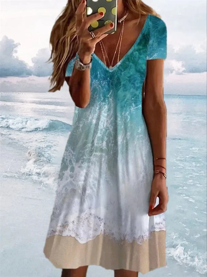 Resort Print Short Sleeve Dress-mysite