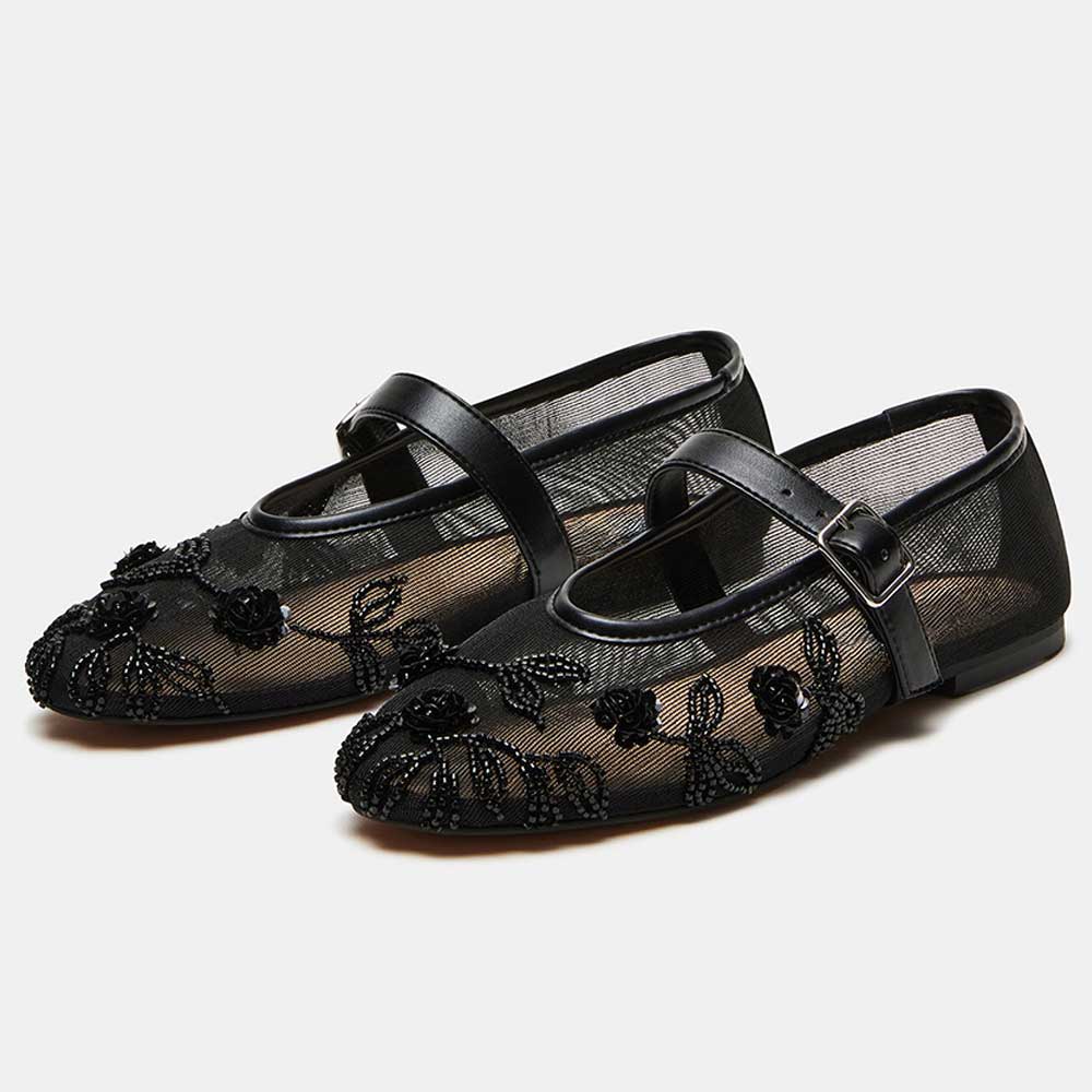 Black Mesh Round Toe Flat Beads & Sequins Embellished Mary Jane Shoes Nicepairs