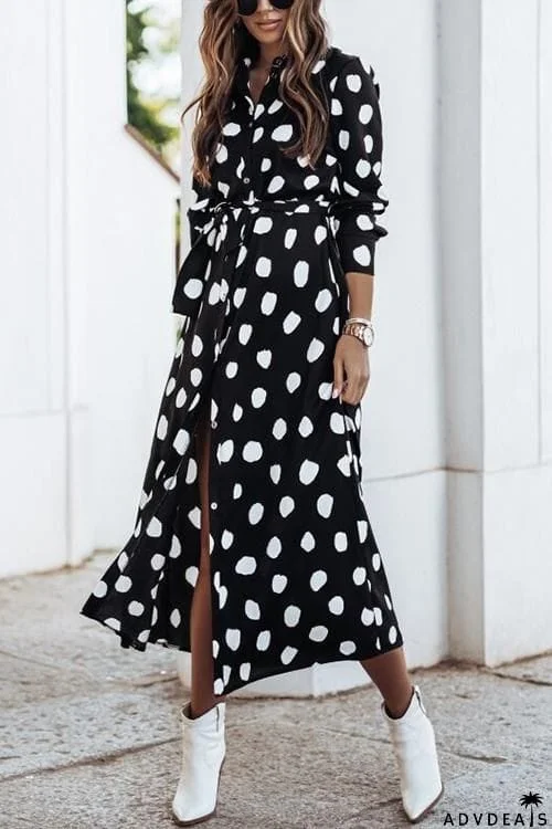 Print Button Bleted Long Sleeve Shirt Dress