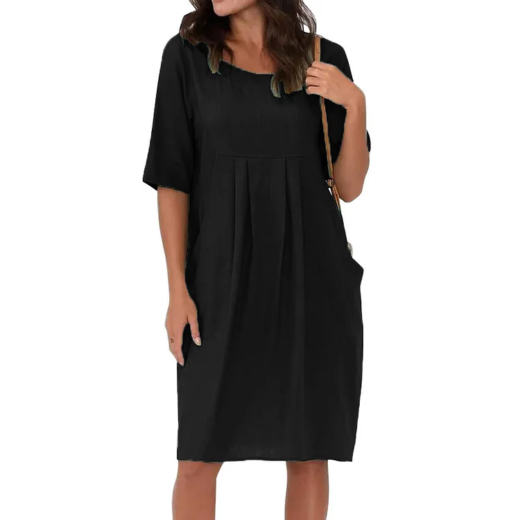 Women's Cotton Linen Loose Pocket O-Neck Short Sleeve Solid Color Casual Dress