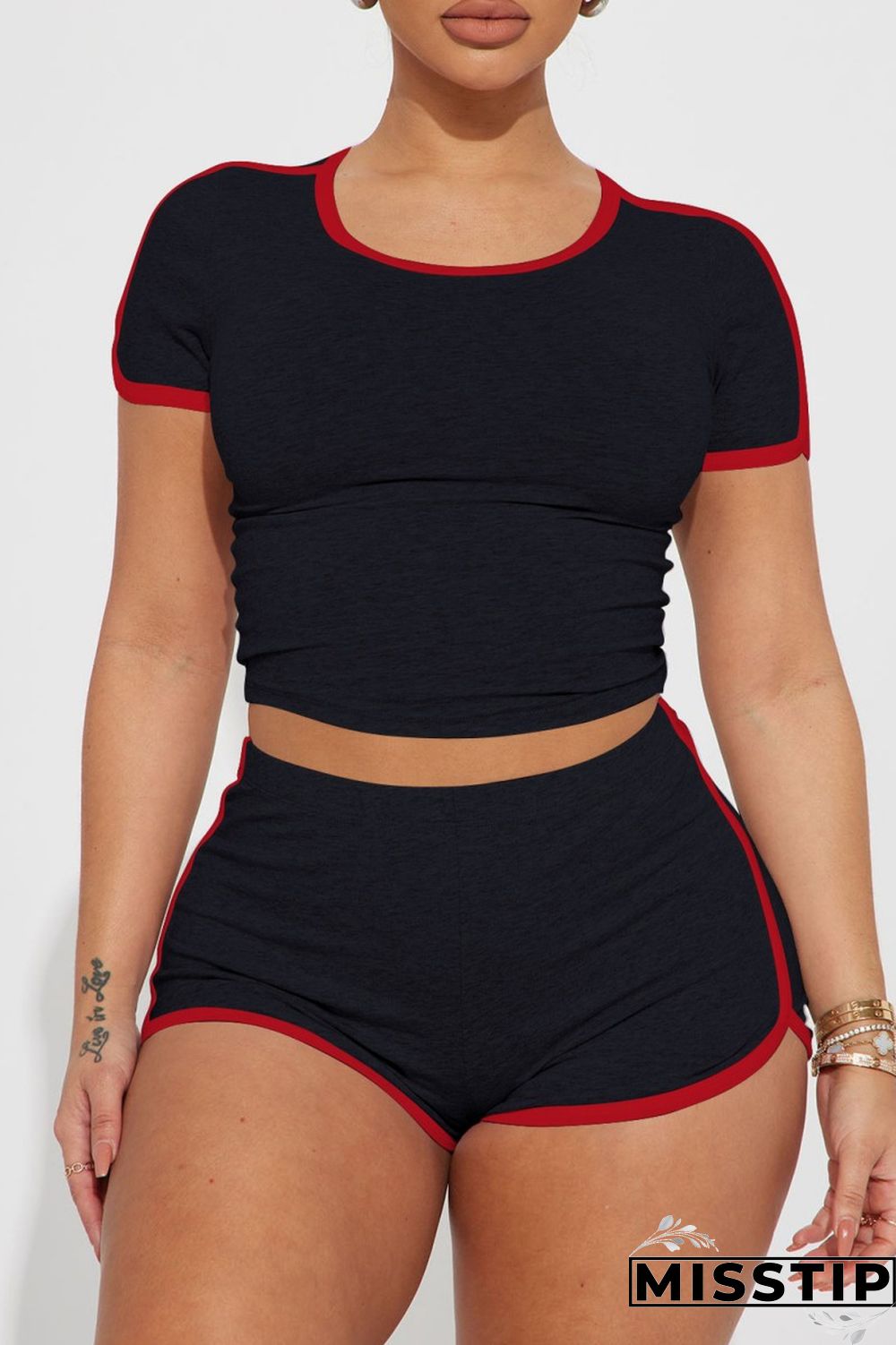 Navy Blue Casual Solid Patchwork O Neck Short Sleeve Two Pieces