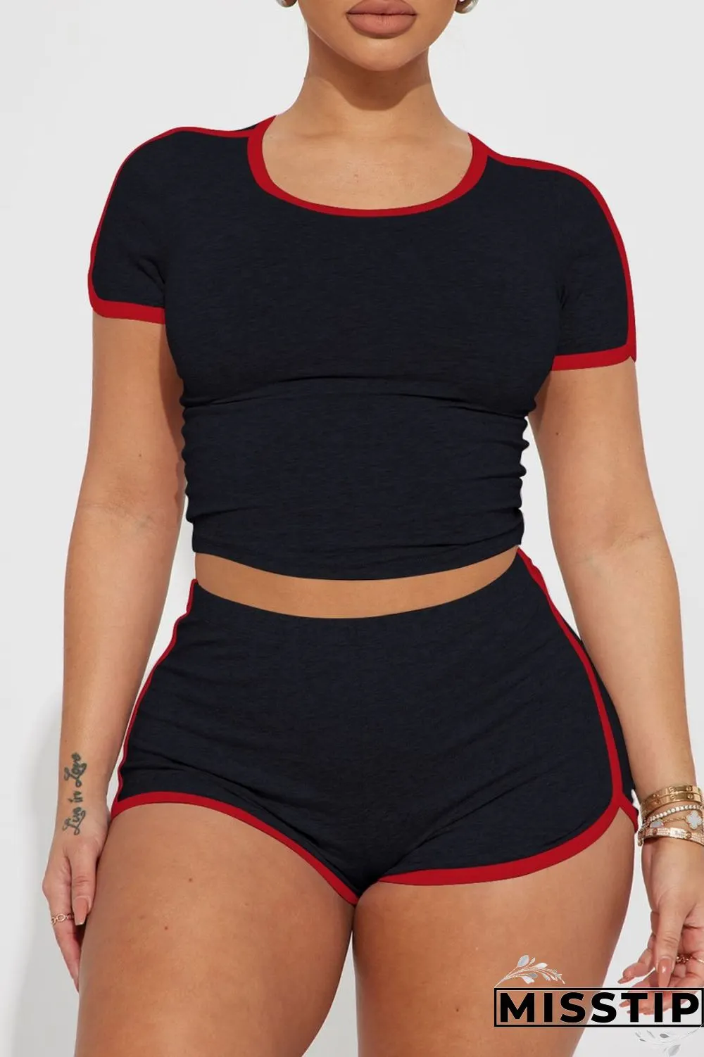Navy Blue Casual Solid Patchwork O Neck Short Sleeve Two Pieces