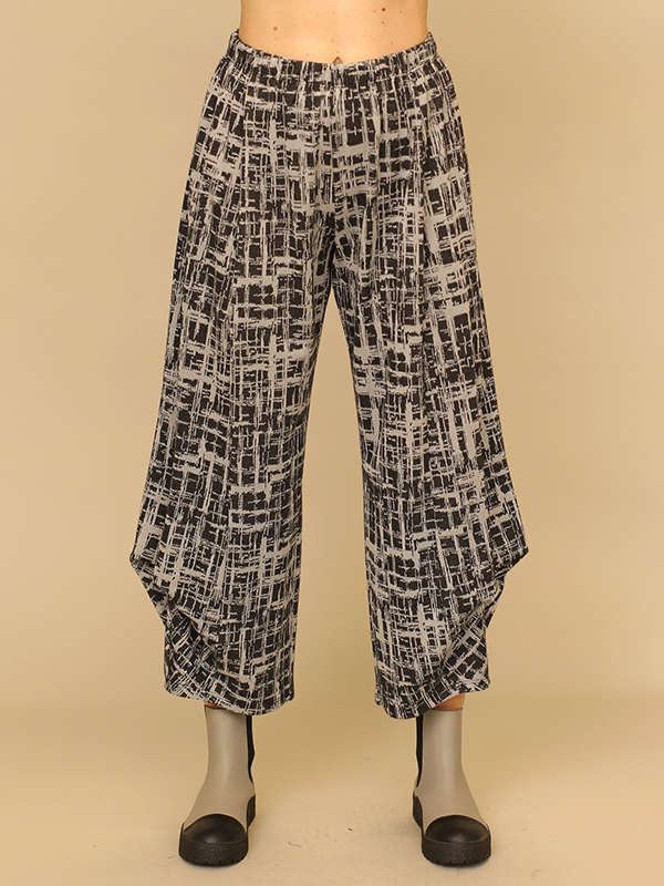 Loose Patterned Side Pleat Detail Elastic Waistband Pants