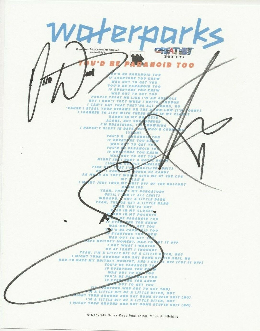 Waterparks REAL SIGNED You'd Be Paranoid Too Lyric Sheet #3 COA Awsten Knight +2