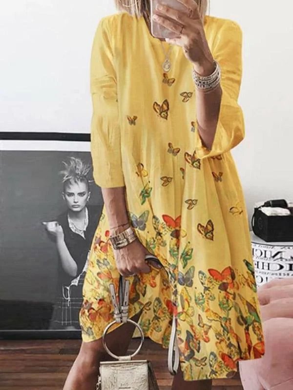 Women's Butterfly Printed Round Neck Dress