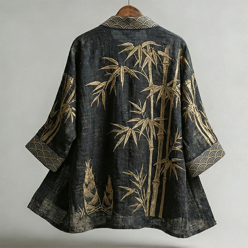 Men's Japanese Bamboo Art Pattern Linen Blend Kimono  artssus