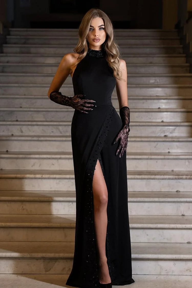 Hellodresses High Neck Sleeveless Mermaid Split Long Prom Dress With Gloves