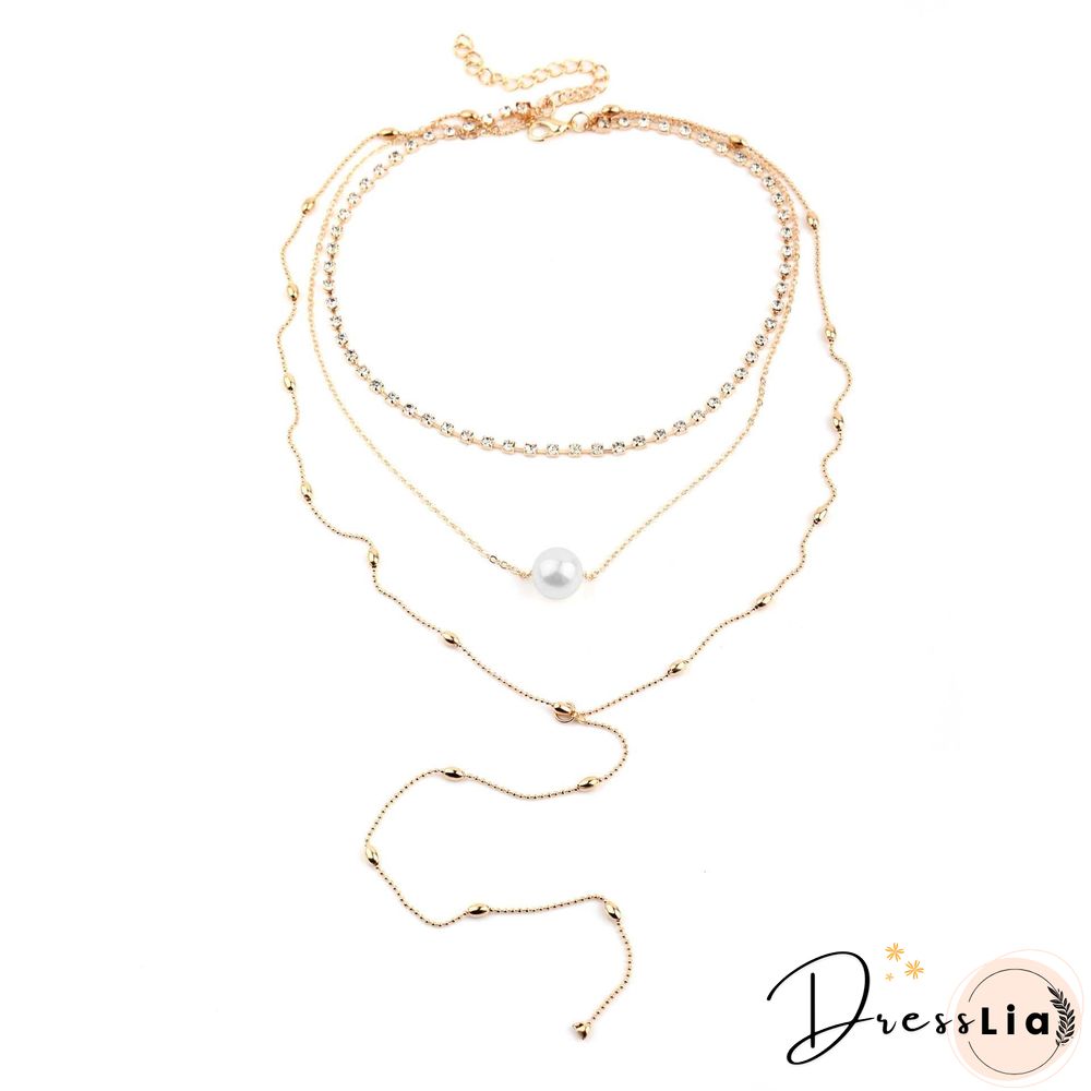 Silver Diamond Pendant Necklace Layered Long Necklace Pearl Choker