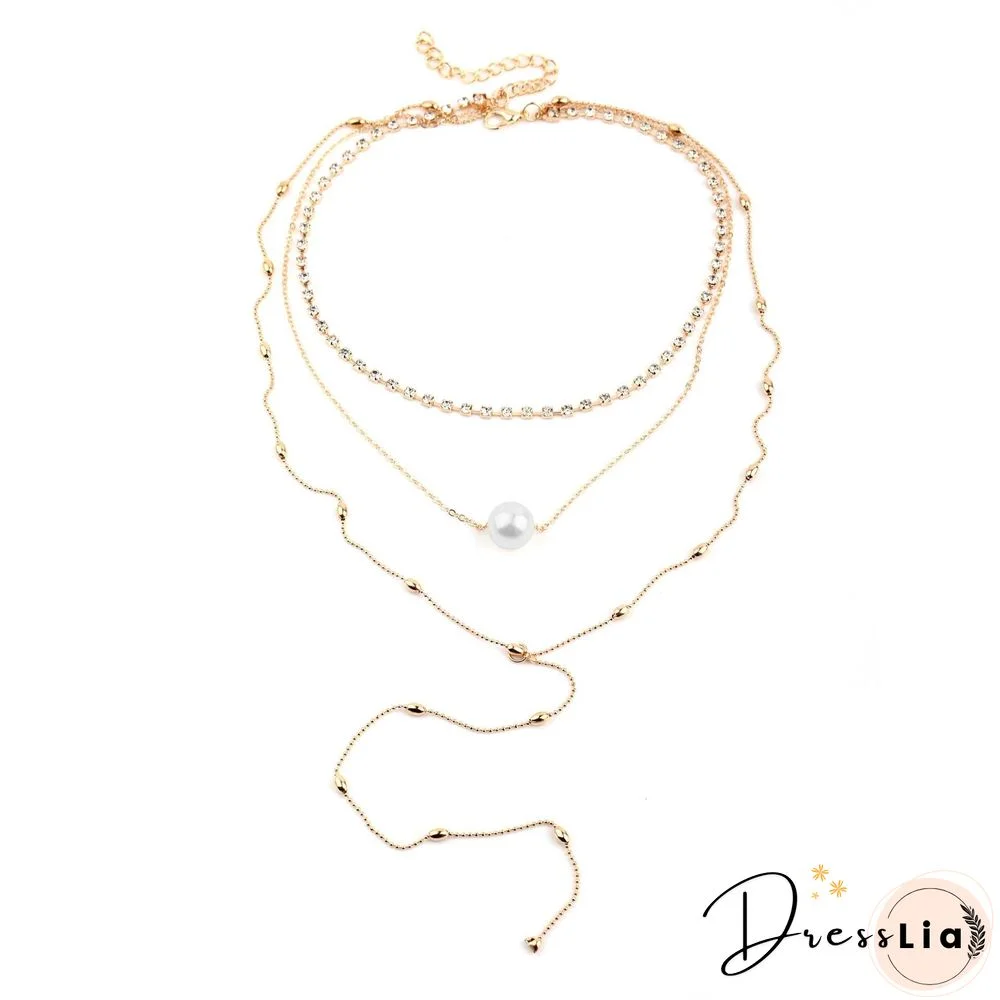 Silver Diamond Pendant Necklace Layered Long Necklace Pearl Choker