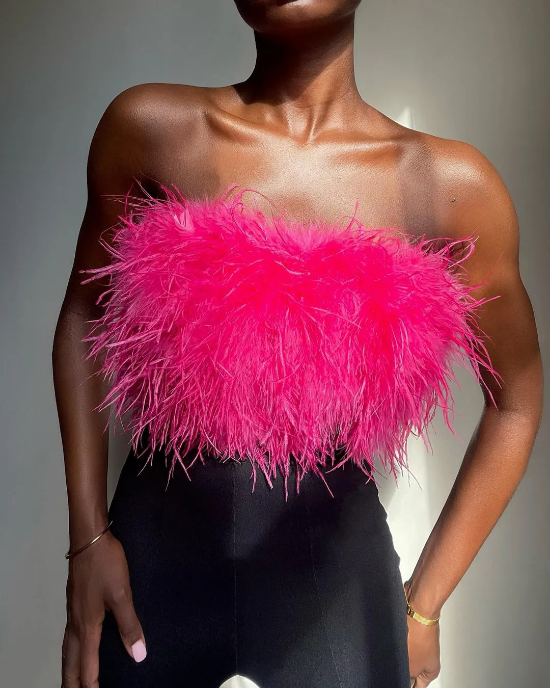 Ootddress Fur Feather Strapless Tube Tops For Women Party Fashion Bustier Cute Top Y2k Club 2025 New Sexy Mini Fluffy Corset Top