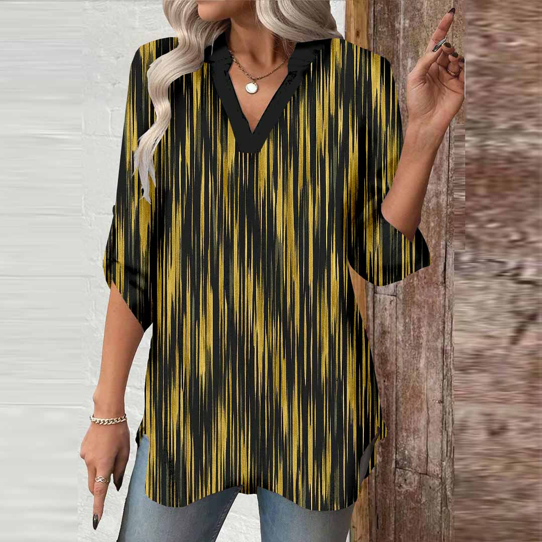 Women Black, Stripes, Gold DZGA0389 3/4 Sleeve V-neck Printed Graphic Button Tops