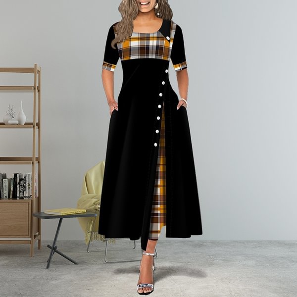 New Women Short Sleeve Plaid Print Elegant Dress Comfy Round Neck High Waist Long Skirt Retro Button Design Maxi Dress Daily Casual Dress Plus Size - Life is Beautiful for You - SheChoic