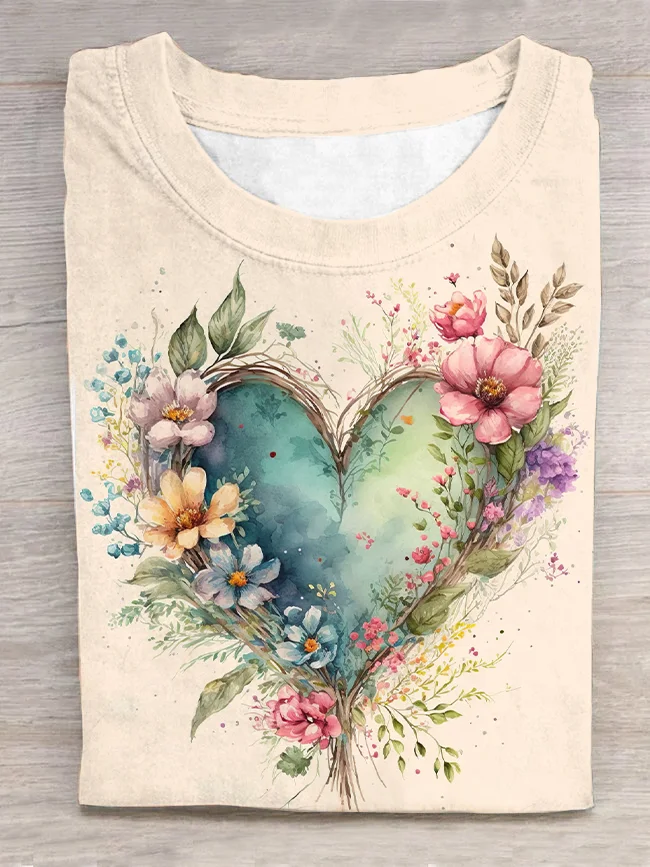 Retro Valentine's Day Floral Heart Print Short Sleeve T-Shirt