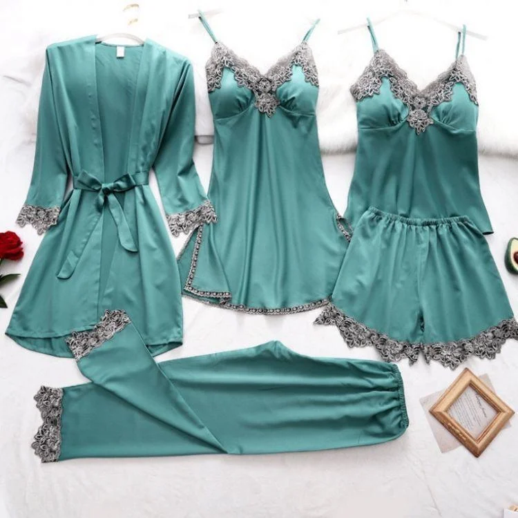 Uveng Simulation Silk Pajamas Lingerie Five-Piece Set Slings Sexy Lady Bathrobe Home Clothes Pajamas
