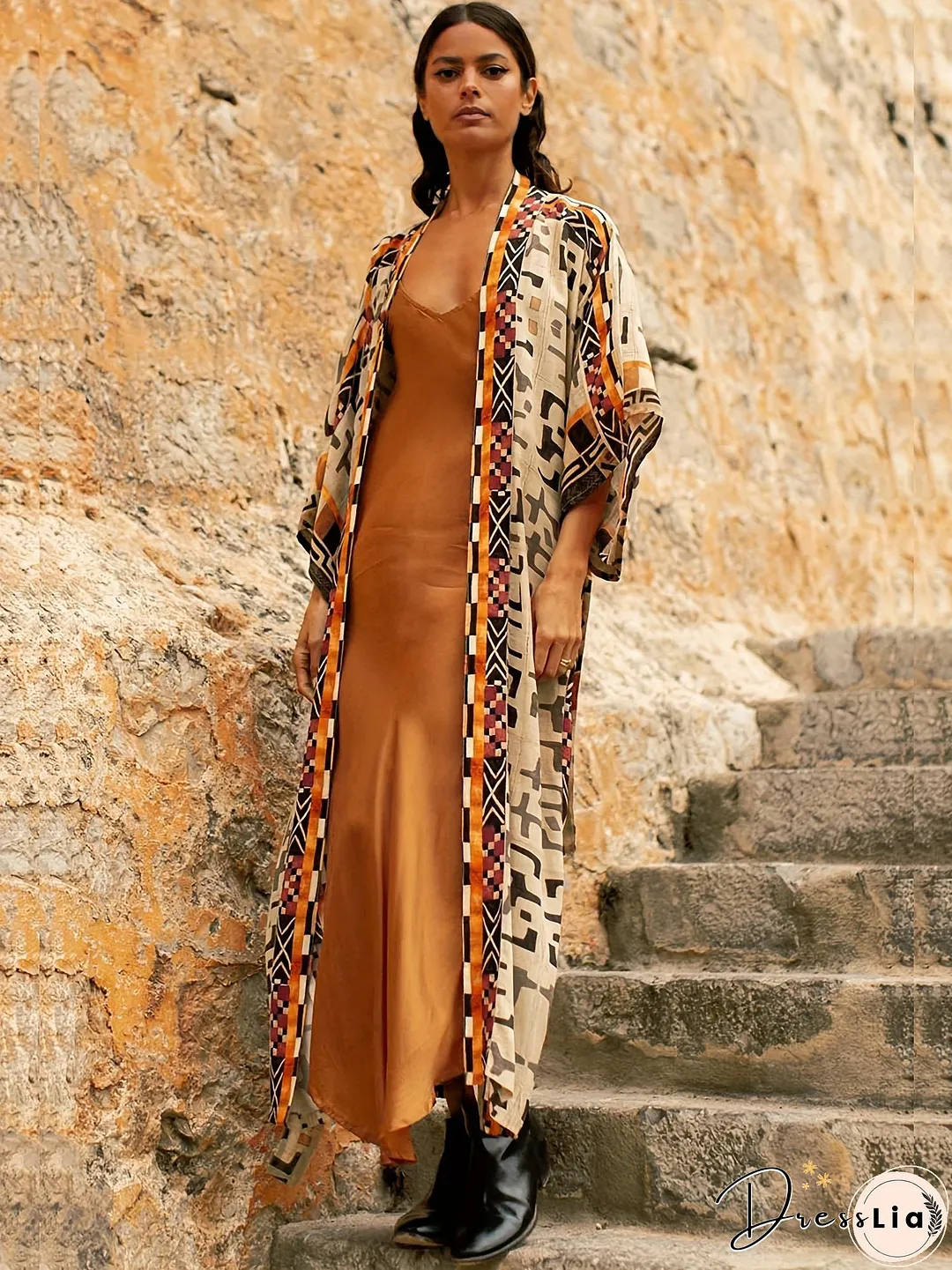 Geo Print Open Front Belted Kimono, Boho Long Sleeve Beachwear Cove Up, Women's Clothing