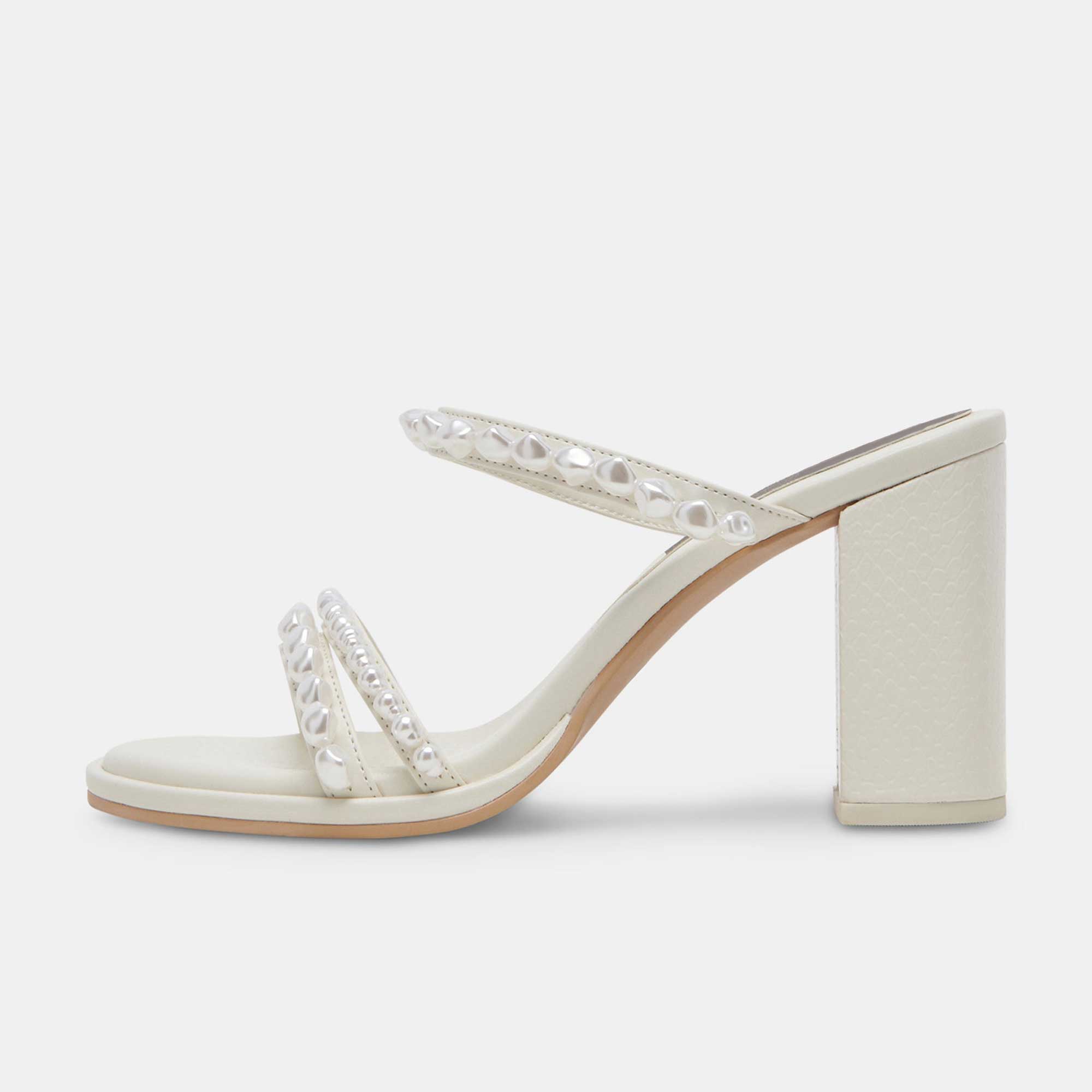 White Round Toe Chunky Heel Pearl-Studded Strappy Mules Nicepairs