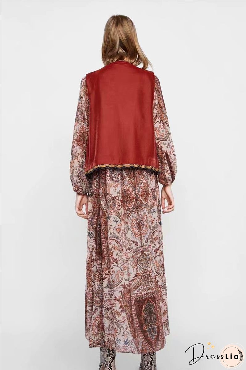 Boho Autumn Orang Floral Embroidery Sleeveless Outerwear Jacket