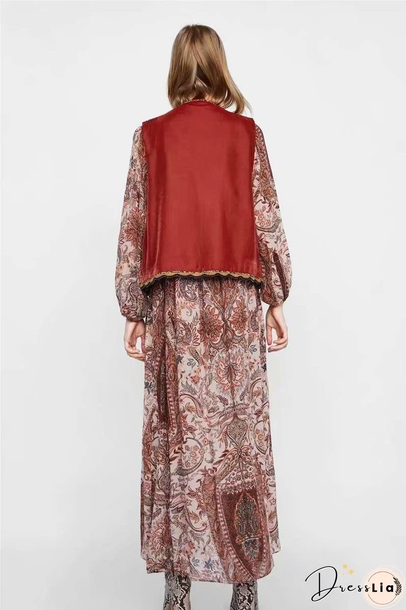 Boho Autumn Orang Floral Embroidery Sleeveless Outerwear Jacket