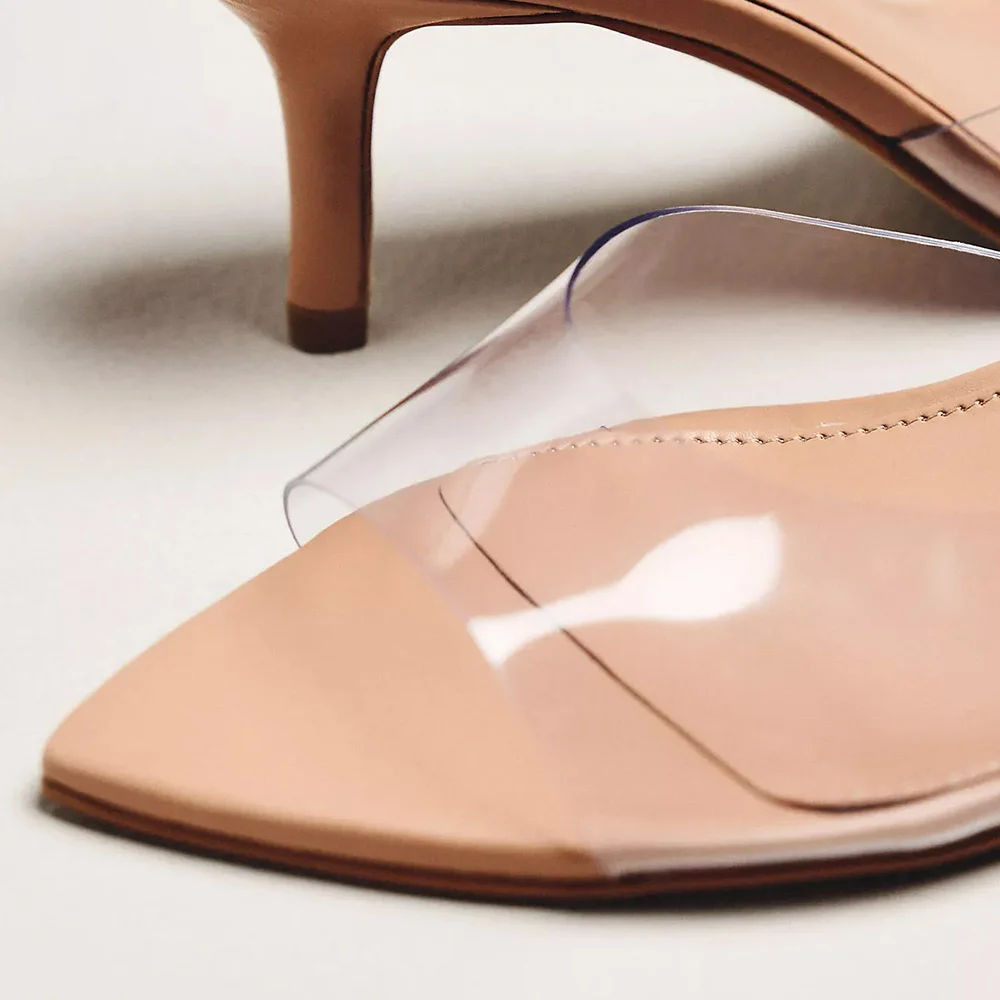 Casual Nude PVC Pointed Toe Slip On Mid Stiletto Heeled Mules