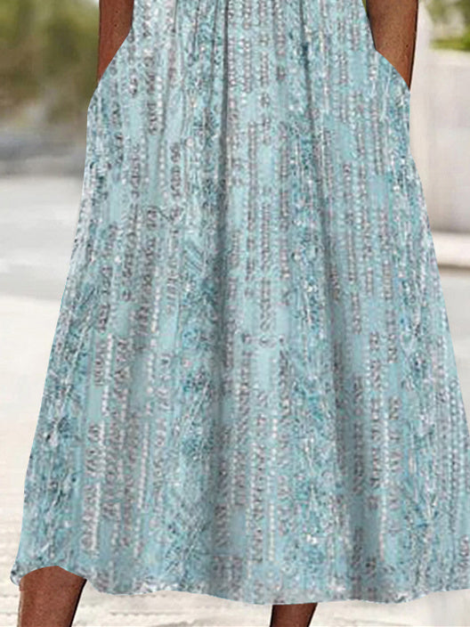 Women's Half Sleeve V-neck Graphic Pockets Midi Dress