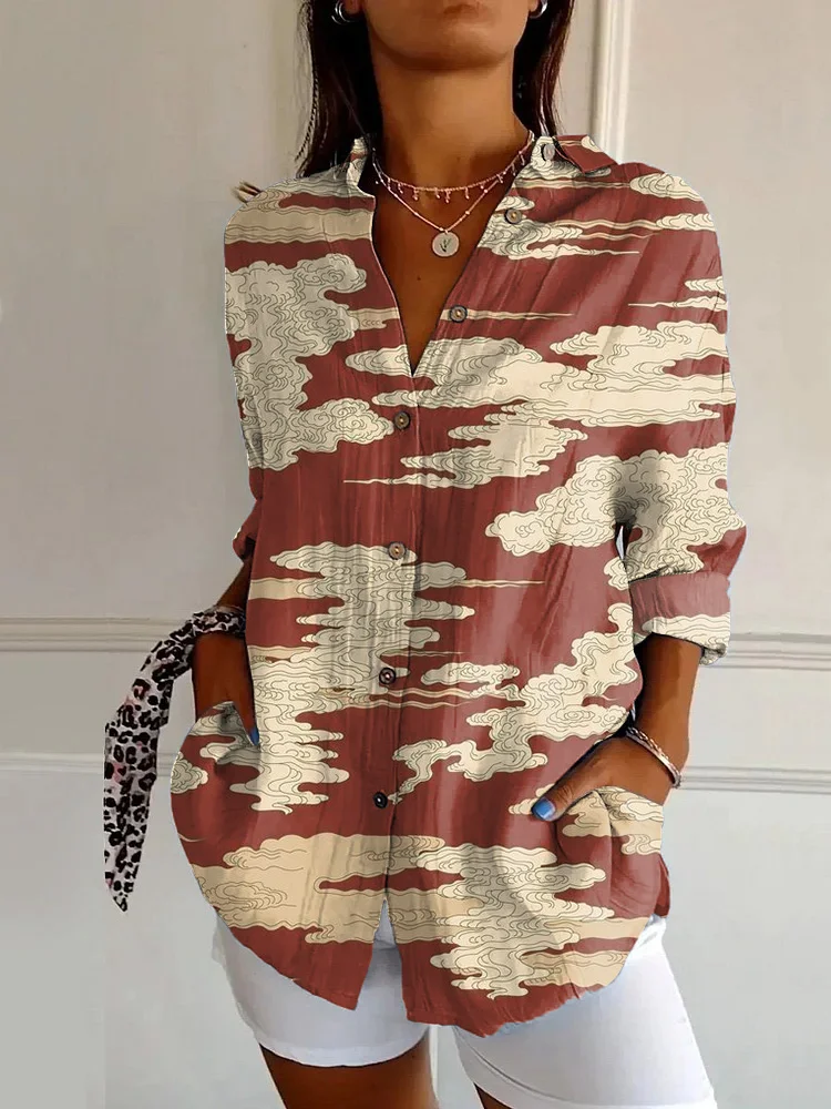 Japanese Retro Cloud Print Casual Long-sleeved Shirt