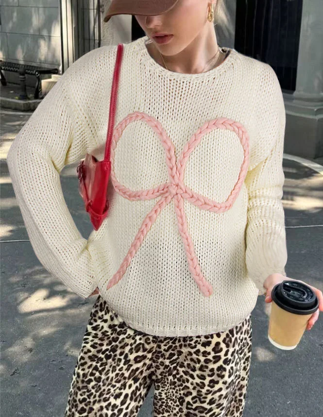 Athvotar Athvotar Yang Autumn And Winter Sweater Women Loose Round Collar Hand Embroidered Bow Jacket Coat