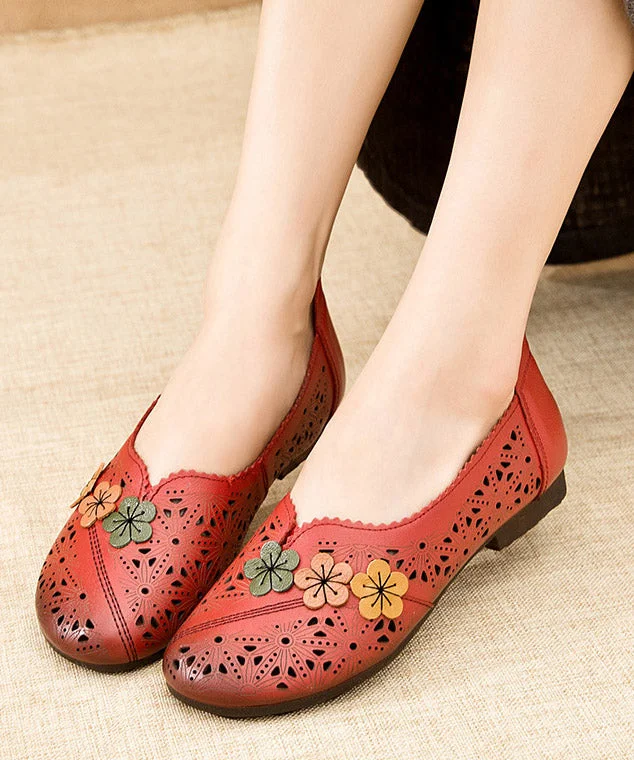Retro Red Hollow Out Flower Cowhide Sandal