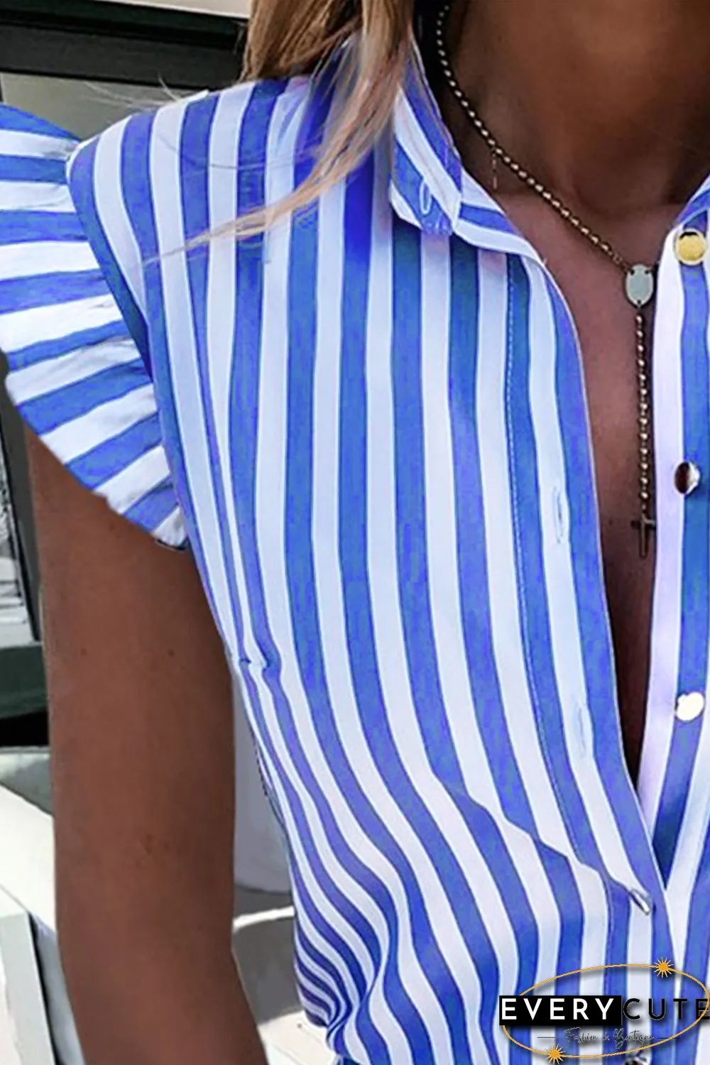 Sky Blue Striped Buttoned Ruffled Sleeve Blouse