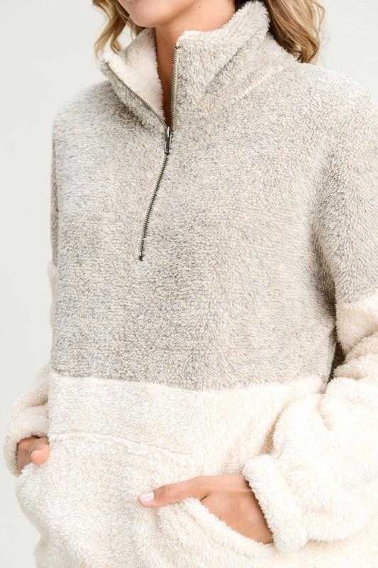 Two Toned Fuzzy Sherpa Fleece Pullover