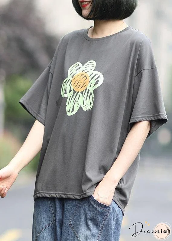 Unique Grey O-Neck Print Summer Cotton Tees