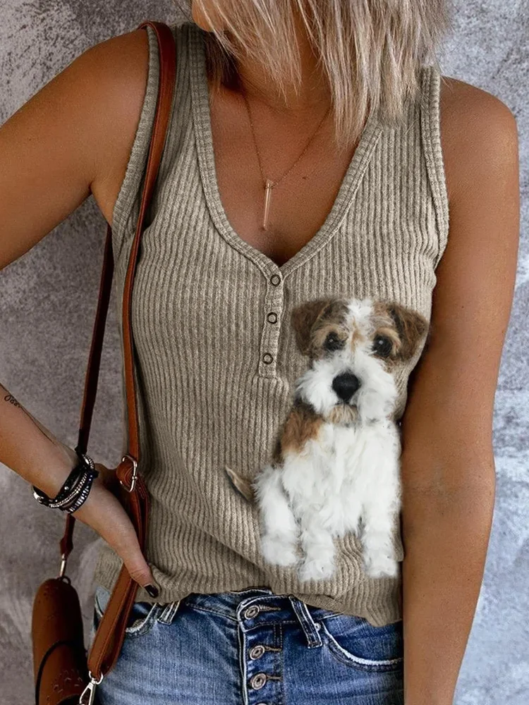 Fuzzy Jack Russell Terrier Plush Dog Button Up Tank Top