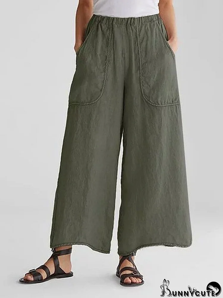 Women's Cotton Linen Wide Leg Mid Waist Casual Trousers With Insert Pockets