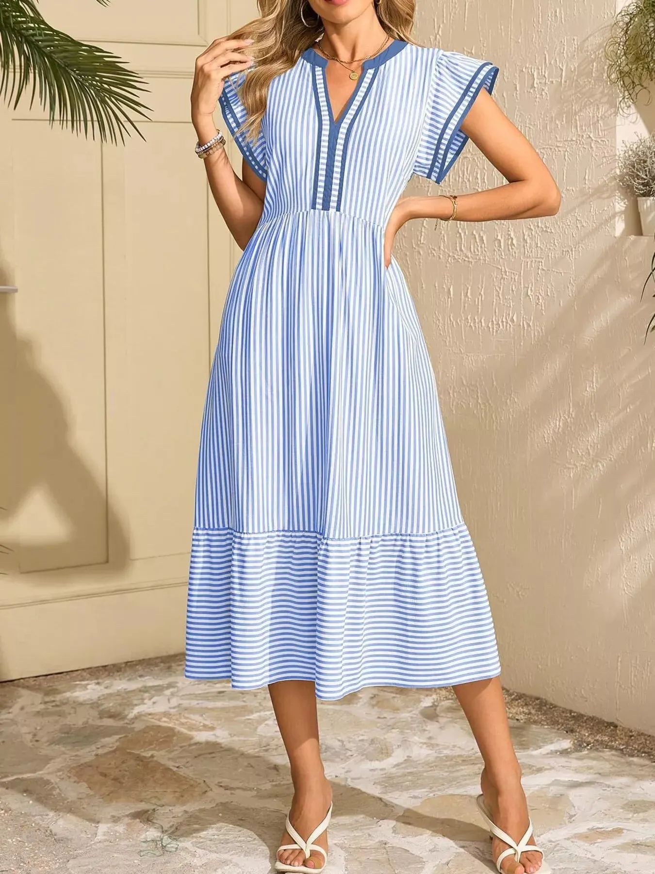 Striped Notched Ruffle Sleeve Dress mysite idetrend