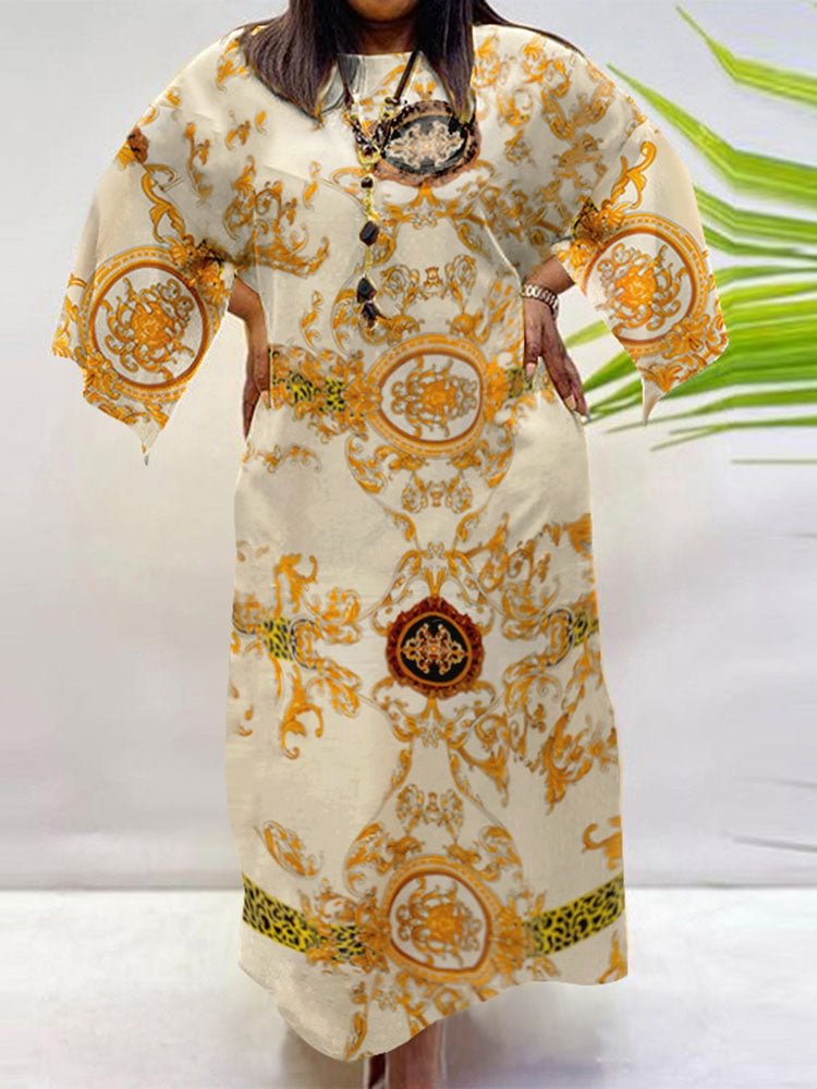 Retro Print Crew Neck Splited Sleeve Women Maxi Dresses SKUJ13745 QueenFunky
