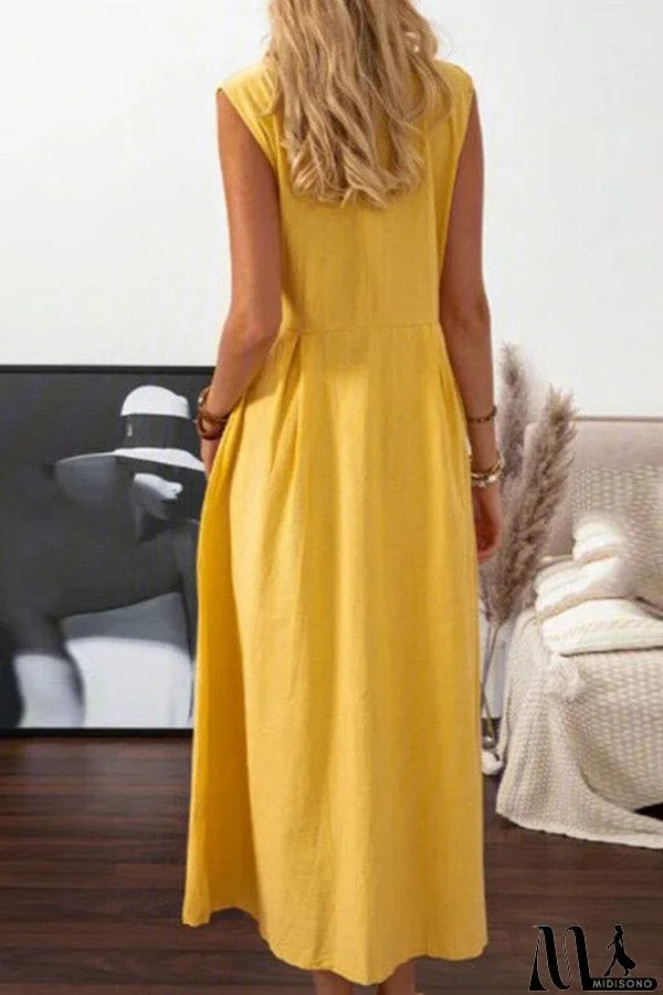 MidiSono - Suit collar solid color button dress